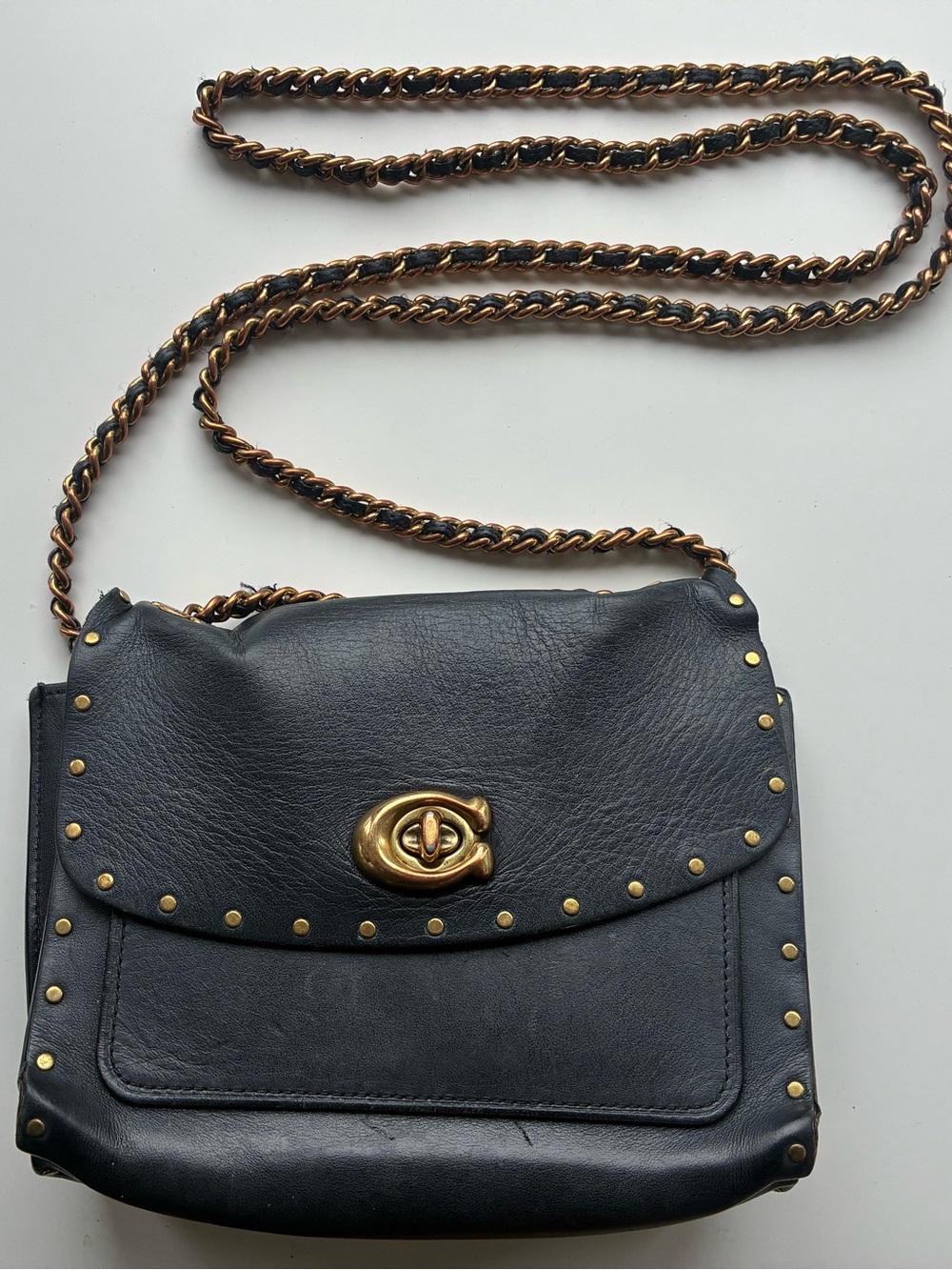 Coach Black Leather Bag Gold Chain Studs